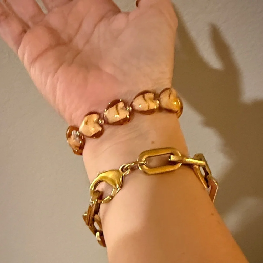 Evereve Chunky Gold Link and Peach Heart  Bracelet set